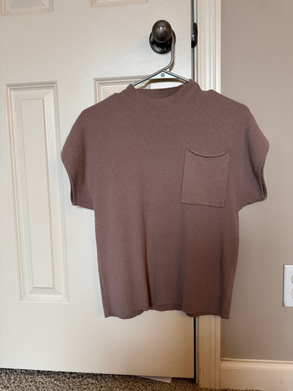 Ribbed Short Sleeve Mock NeckPocket Sweater - Mauve